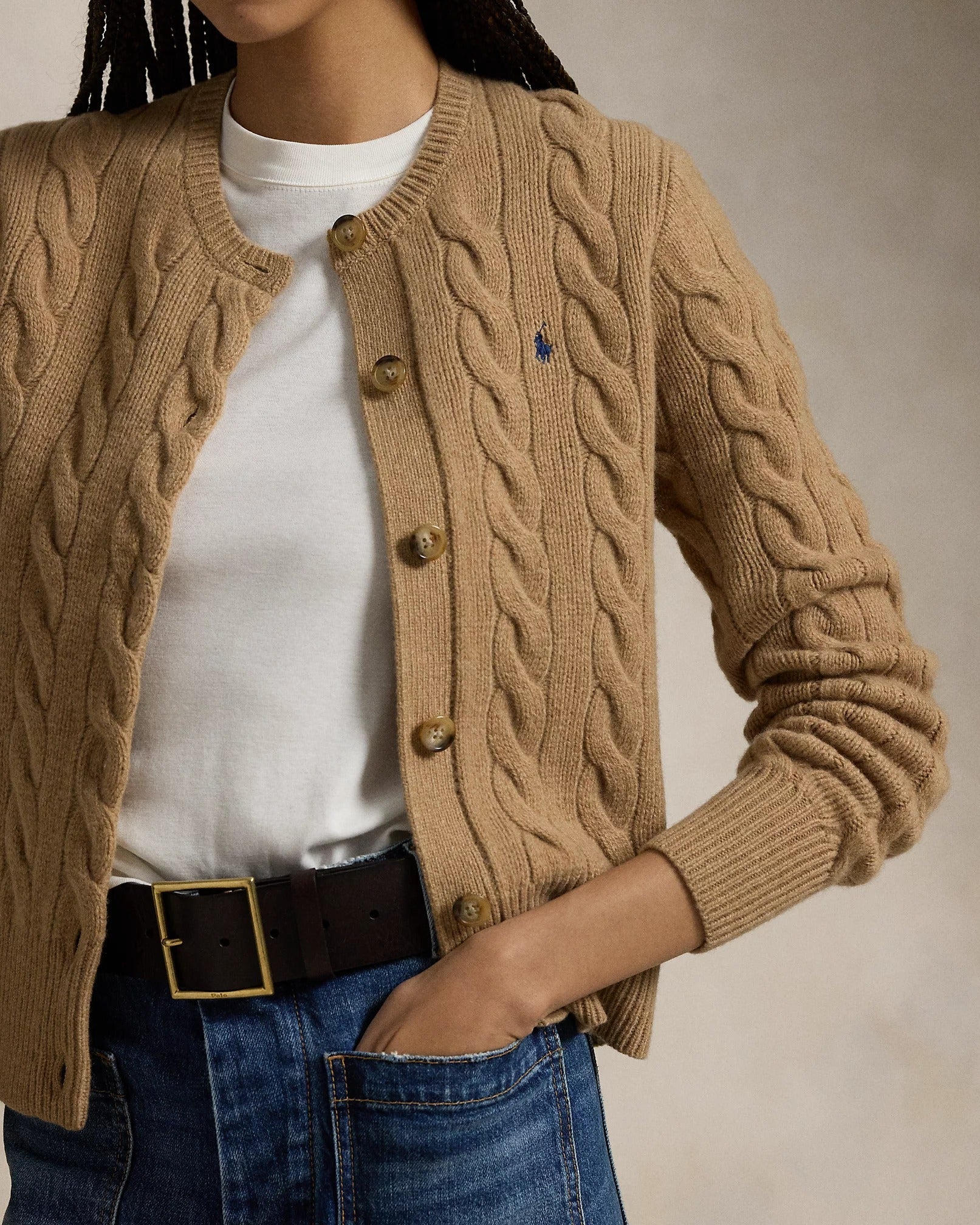 Wool and cashmere cardigan with cable pattern